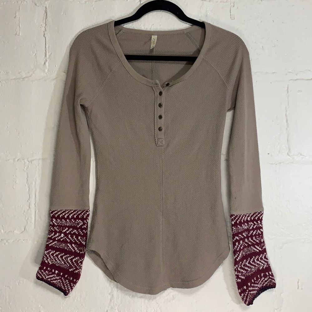 Free People Alpine Cuff Beige Thermal Waffle Henley Long-sleeve Top Sz S